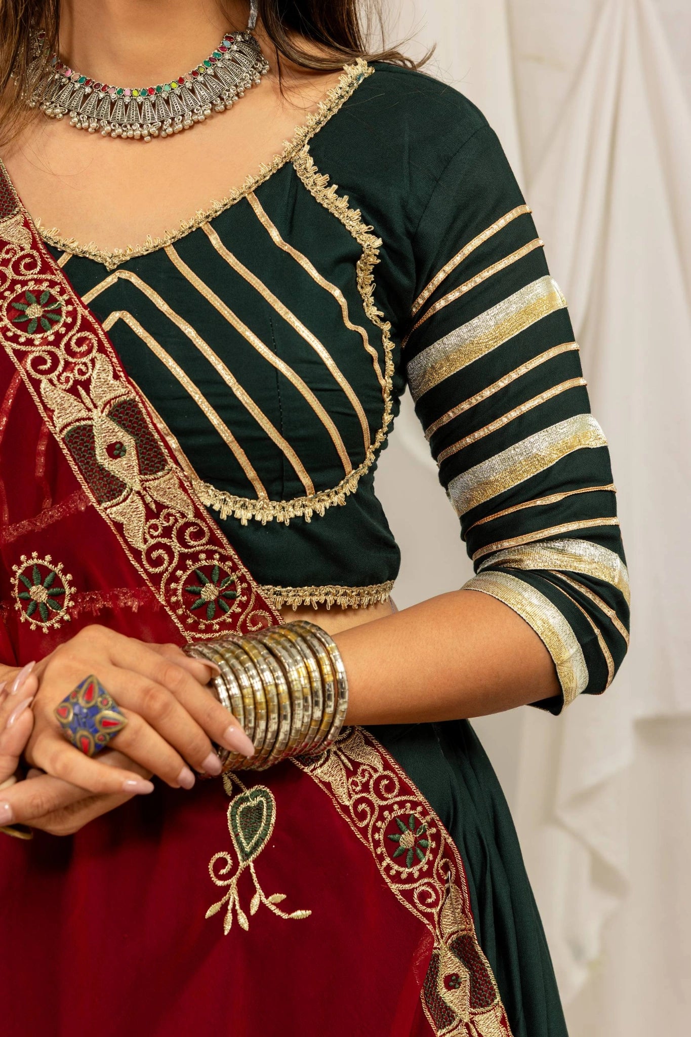 Dark Green Lehenga Red Dupatta Detail – KL202 – Kalyanja